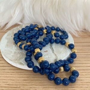 Vintage Blue Beaded Necklace with Gold Accents